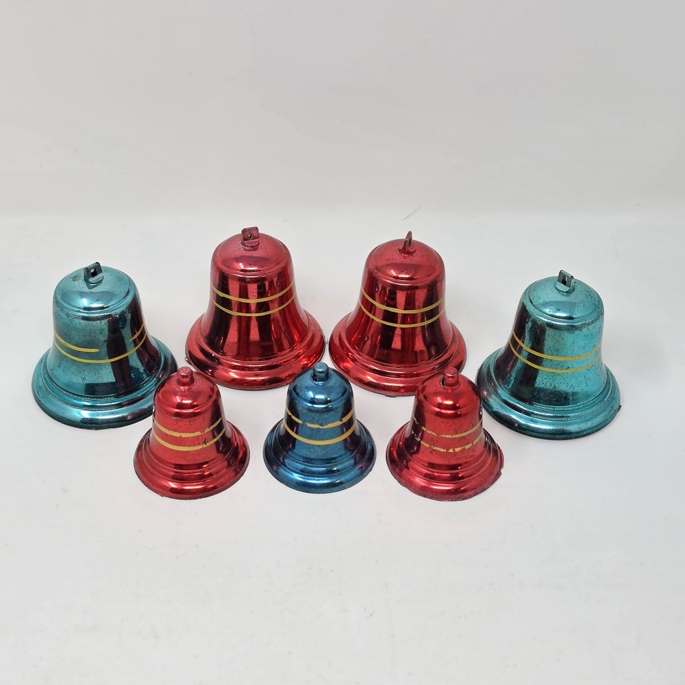 7 Vintage 1950's Bradford Plastic Metallic Stripe Bell Christmas Tree Ornaments